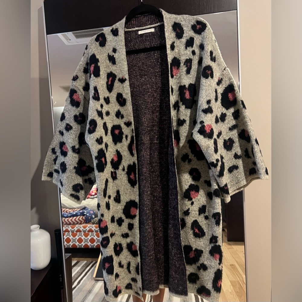 Anthropologie Gray , Black and Pink Leopard Cardigan